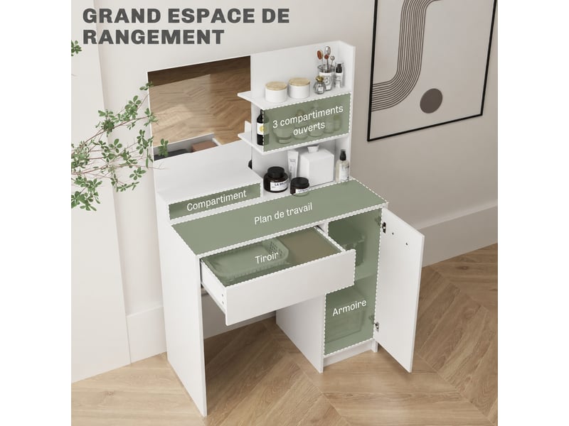  Coiffeuse blanche avec miroir et tabouret rembourré, 1 tiroir, 1 placard et 3 étagères ouvertes, 80 x 40 x 132 cm  - Conforama D