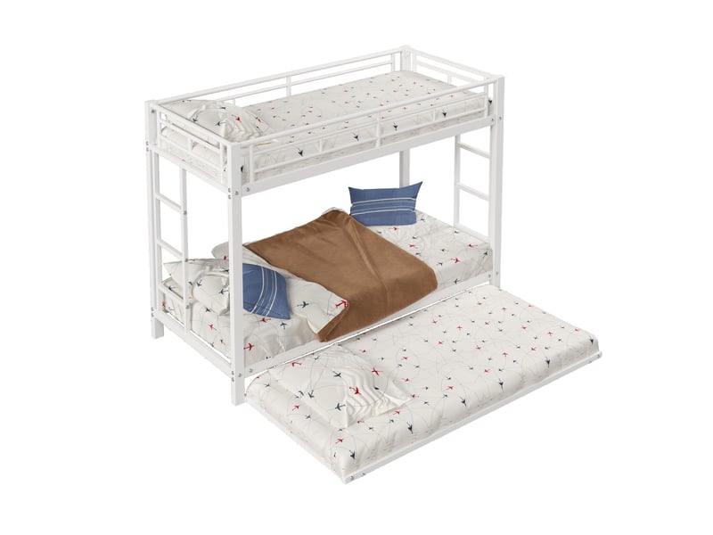  Lit superposé enfant 90x200 cm en métal blanc avec lit gigogne et garde-corps  - Conforama A