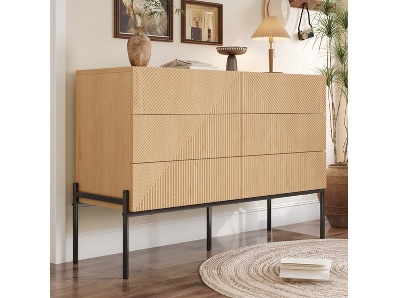  Buffet 140 cm avec 6 tiroirs, meuble de rangement en mdf, façade effet 3d géométrique, pieds en métal noir, commode moderne pour salon et salle à manger - naturel  - Conforama B