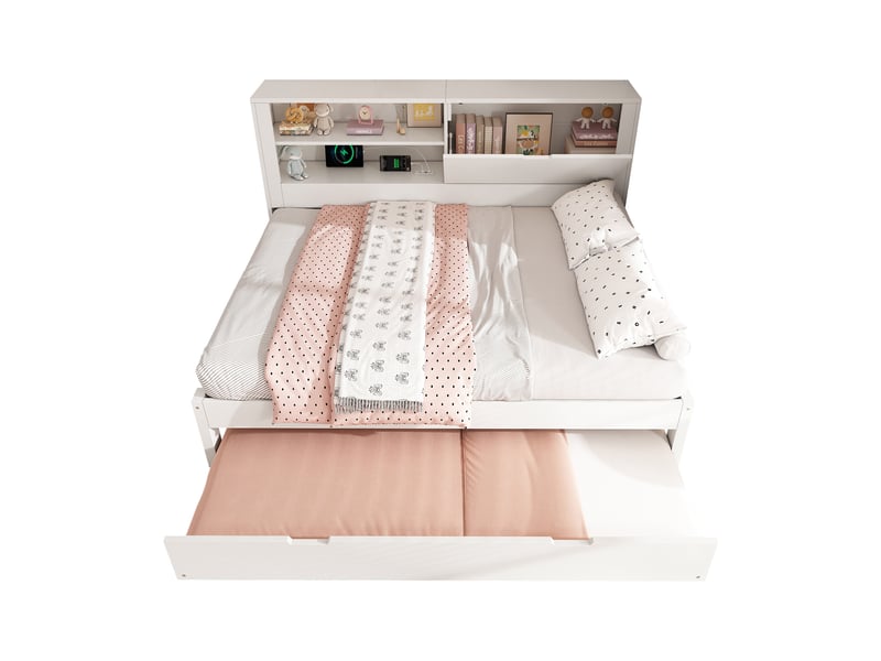 Lit gigogne 140x190 cm, tête de lit avec rangement, couchage gigogne, usb et usb-c, sommier à lattes pour chambre - blanc - Conforama A