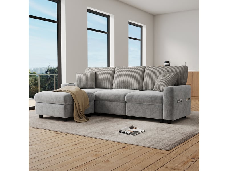  Canapé moderne gris avec pouf, revêtement chenille et velours côtelé, ports usb et usb-c, 2 coussins, 223 x 146 x 84 cm  - Conforama R