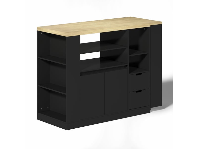  Îlot de cuisine 115 cm plan de travail extensible rangement intégré étagères sur trois côtés deux tiroirs bar à café table à manger extensible structure en bois  - Conforama E