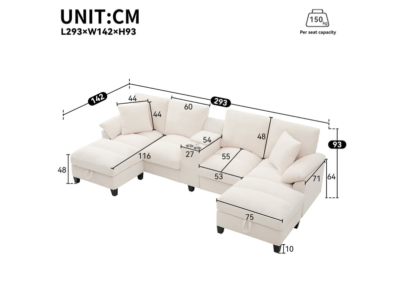 Canapé modulable en u modenvie 4 places avec rangement, usb et porte-gobelets en acier inoxydable, velours côtelé beige 293 x 142 x 93 cm - Conforama C
