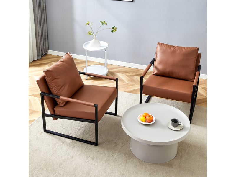  Fauteuil de lecture avec accoudoirs et coussins rembourrés, structure en métal et similicuir marron  - Conforama B