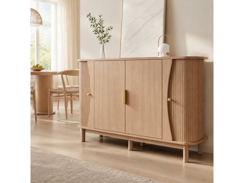  Buffet avec 2 portes, 3 compartiments et étagère réglable pour salon ou entrée, mdf naturel, 140 × 40 × 88 cm  - Conforama D