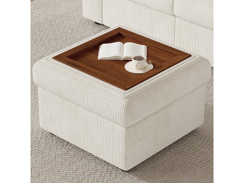 Canapé d’angle modulable 6 places beige en velours côtelé, canapé en l avec pouf amovible, mousse haute densité, grand format pour salon - Conforama E