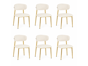 Lot de 6 chaises de salle à manger, dossier courbé, métal et bois, couleur blanc et doré