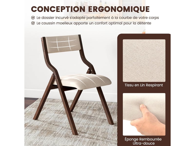 Lot de 2 chaises de cuisine pliantes rembourrées, structure bois massif, dossier en tissu de lin (café)  - Conforama B