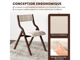 Lot de 2 chaises de cuisine pliantes rembourrées, structure bois massif, dossier en tissu de lin (café)