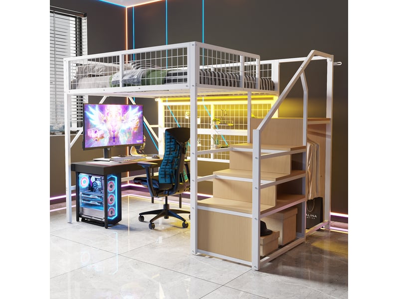  Lit mezzanine tcqpz 140 x 200 cm en métal blanc avec led pilotées par application, escalier de rangement et armoire ouverte  - Conforama D