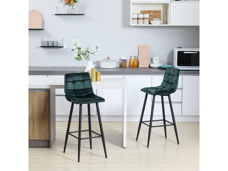  Ensemble de 2 tabourets de bar hauts de cuisine, revêtus de velours, avec repose-pieds et dossier, verts  - Conforama D
