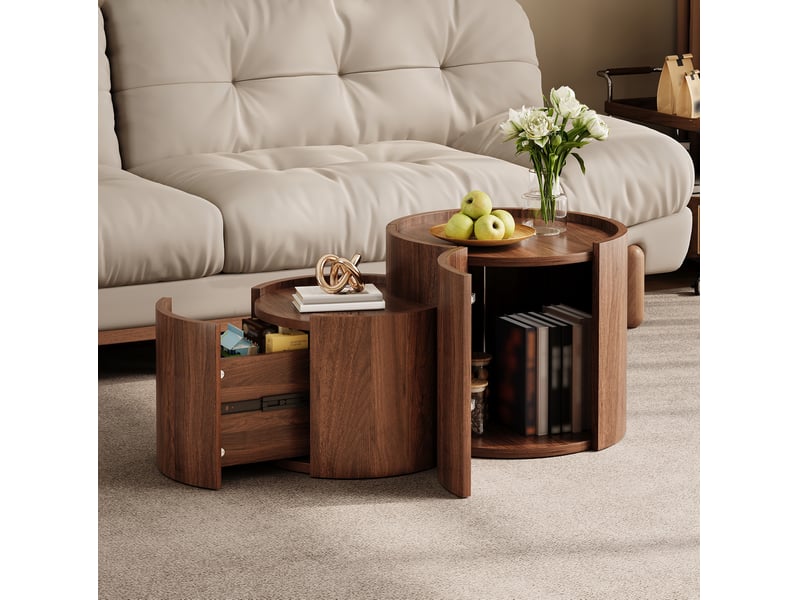  Table basse ronde 77,5 x 47,5 cm – noyer – rangement avec tiroirs et portes courbes pour salon  - Conforama B