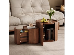 Table basse ronde 77,5 x 47,5 cm – noyer – rangement avec tiroirs et portes courbes pour salon