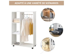 Portant à vêtements penderie mobile avec roulettes 3 étagères latérales + grand espace penderie blanc panneaux particules