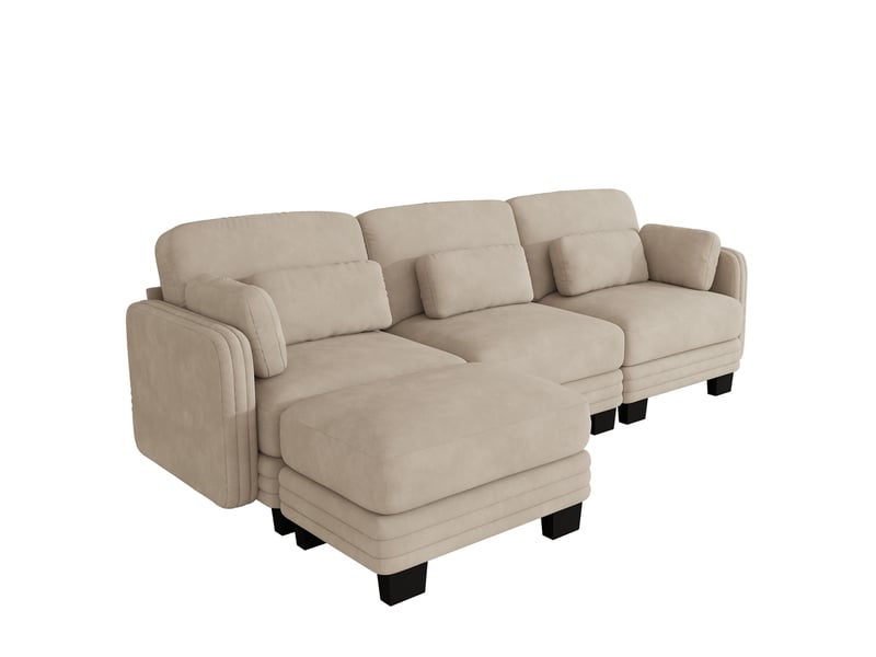  Canapé d'angle modulable,253x143x88 cm,3 places avec ottomane,chenille,beige clair  - Conforama A