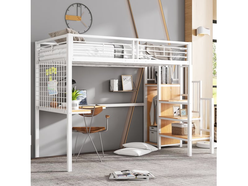  Modenvie lit mezzanine 90x200 cm - avec armoire intégrée, escalier latéral - sans matelas - blanc  - Conforama B
