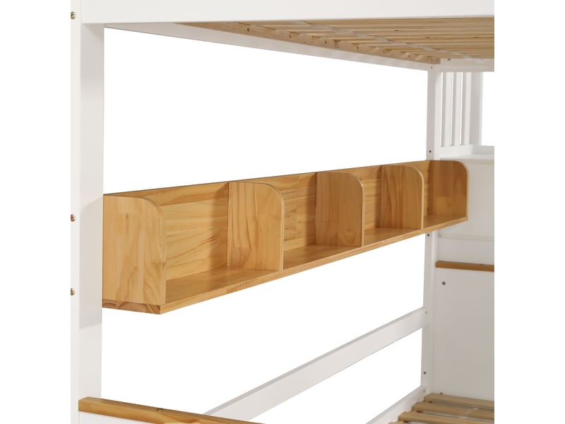  Lit superposé enfant 200×90 cm avec escalier de rangement, 2 tiroirs et étagères, sans matelas, blanc et naturel  - Conforama E