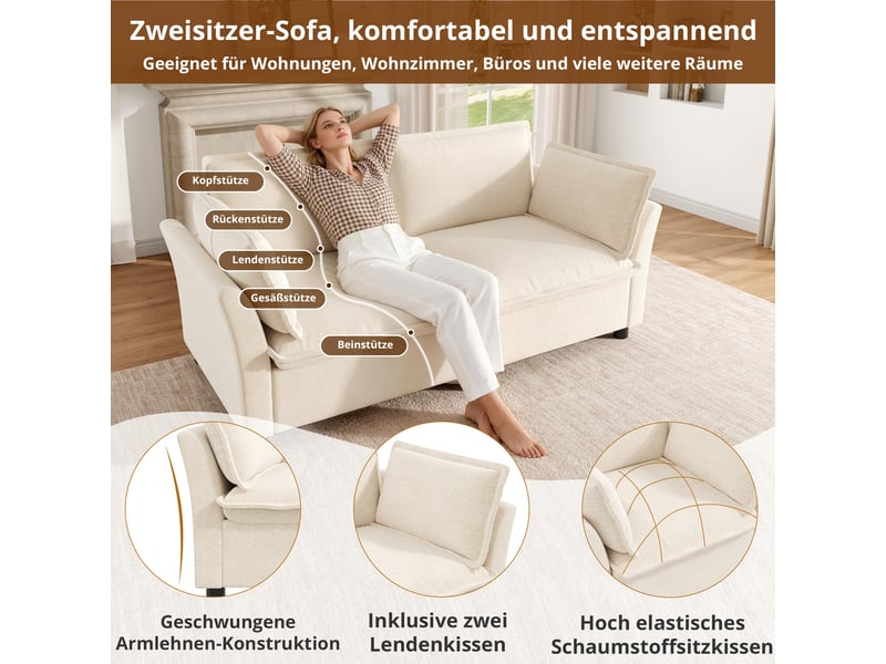  Canapé 2 places en chenille beige avec coussins d'appui et led intégrée, 155 cm de large  - Conforama D