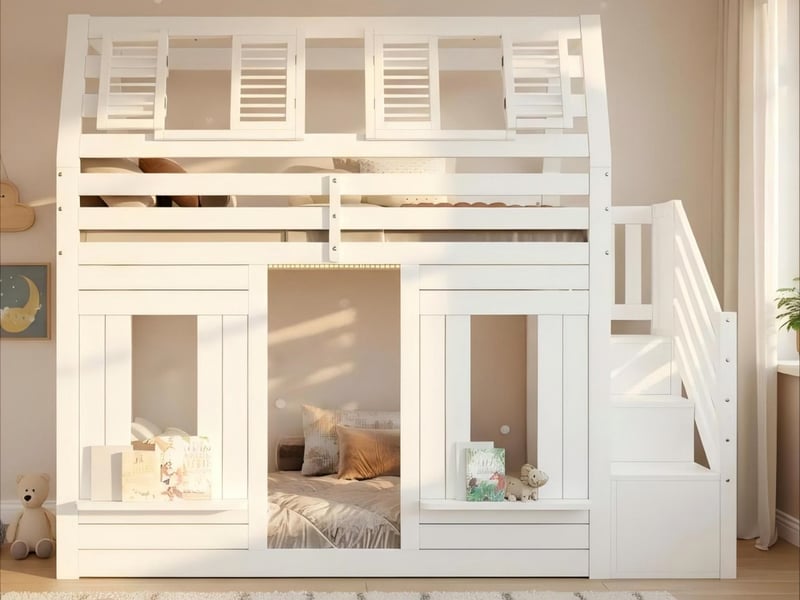 Lit superposé 90 x 200 cm, lit mezzanine enfant avec led, barrière de sécurité et escalier, blanc  - Conforama B