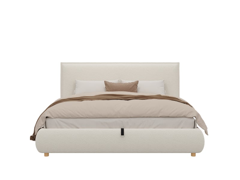  Lit coffre lit double 180x200 cm avec sommier hydraulique, tête de lit rembourrée et pieds bois massif, bouclette blanche  - Conforama E