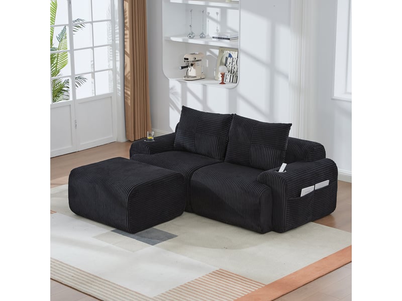  Canapé modulable, canapé de salon, noir, porte-gobelets, mobilier pour espace de vie, en velours tricoté  - Conforama D