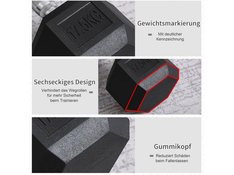  Haltère hexagonal fixe 17,5 kg – noir – poignée moletée antidérapante pour entraînement musculaire  - Conforama E