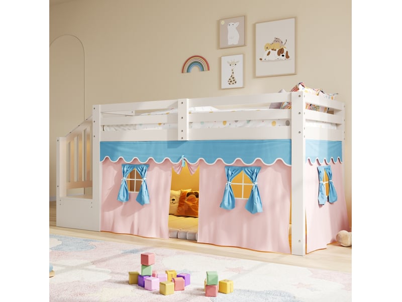  Lit enfant mi-haut 90 × 200 cm avec escalier-rangement, led réglable, rideaux occultants pour chambre, blanc  - Conforama B