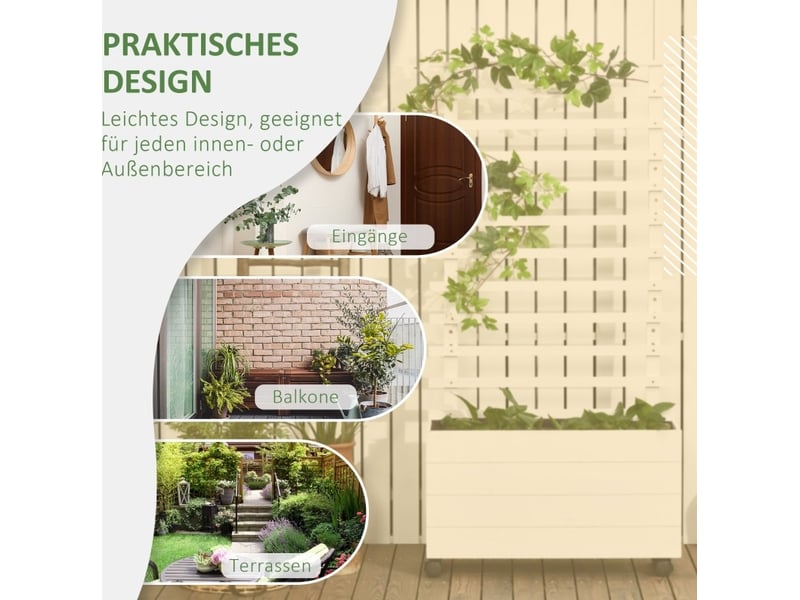  Jardinière à roulettes avec treillis 76x30x155 cm – blanche – bac de culture mobile avec freins intégrés  - Conforama E