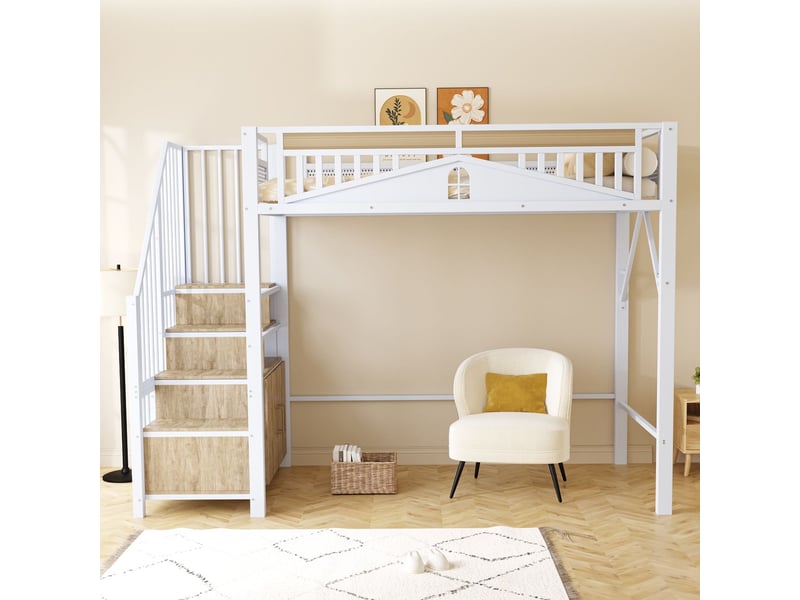 Lit mezzanine 90x200 cm métal et bois avec escalier rangement - lit simple - armoire, barrière design fenêtre, 24 lattes, blanc - Conforama B