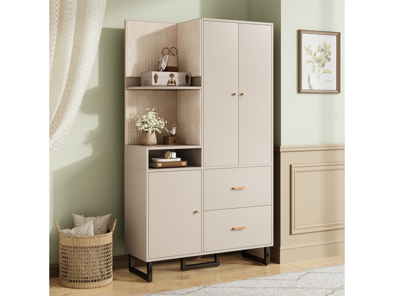  Vestiaire d'entrée, meuble d'entrée complet avec porte-manteau et banc à chaussures, armoire de couloir avec rembourrés et métal, beige et gris  - Conforama W
