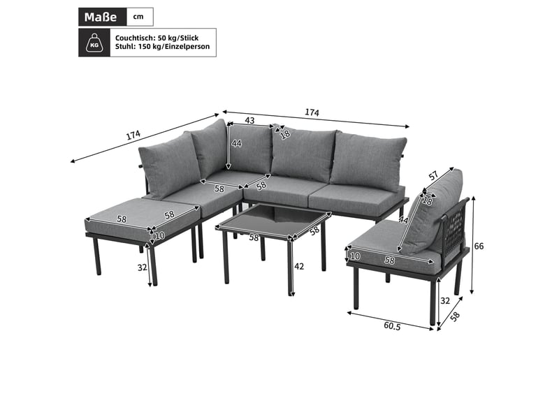 Ensemble détente extérieur 6 pièces avec table basse et coussins en olefin gris - Conforama D