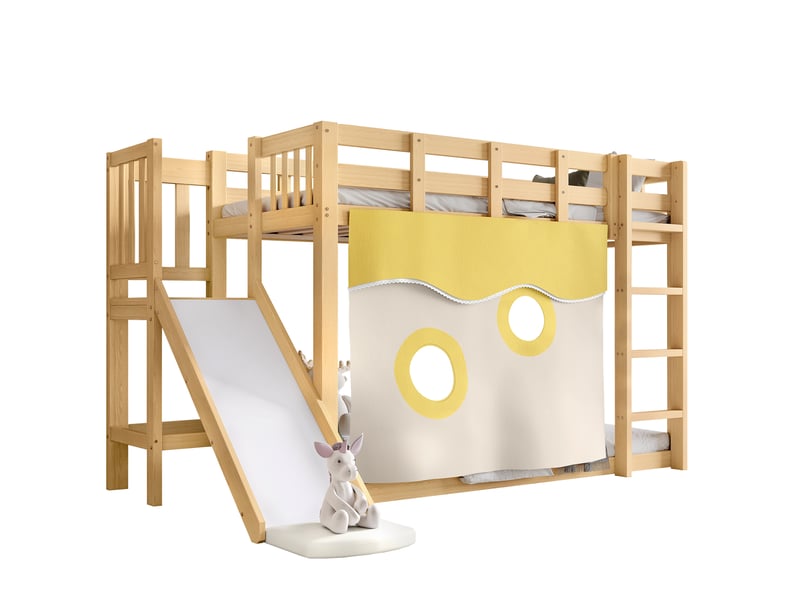  Lit superposé enfant ulevr avec toboggan et rideaux 90x200 cm, escalier, barrières de sécurité, bois et mdf, coloris naturel  - Conforama A