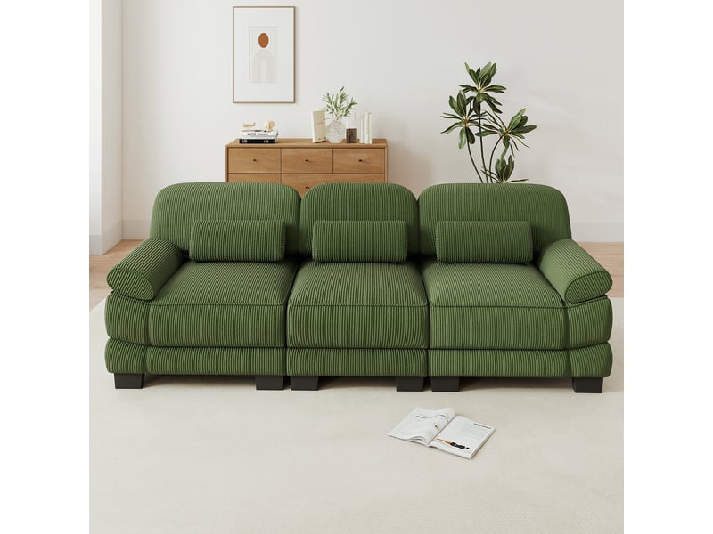  Canapé modulable 3 places en velours côtelé vert, assise profonde, coussin lombaire inclus, 265×88,5×94 cm  - Conforama B