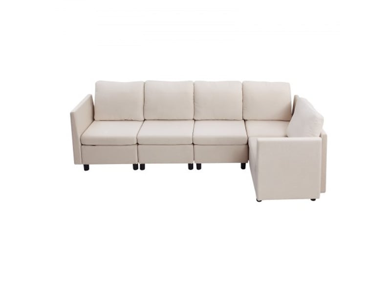  Canapé modulable sectionnel 5 places, canapé d'angle convertible moderne en mousse haute résilience avec rangement dissimulé, sofa rembourré avec cadre en bois massif, pour salon, chambre, beige  - Conforama A
