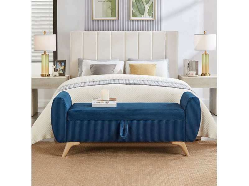 Banquette coffre tcqpz pliable 145 x 51 x 57 cm en velours côtelé bleu avec pieds en bois - Conforama B