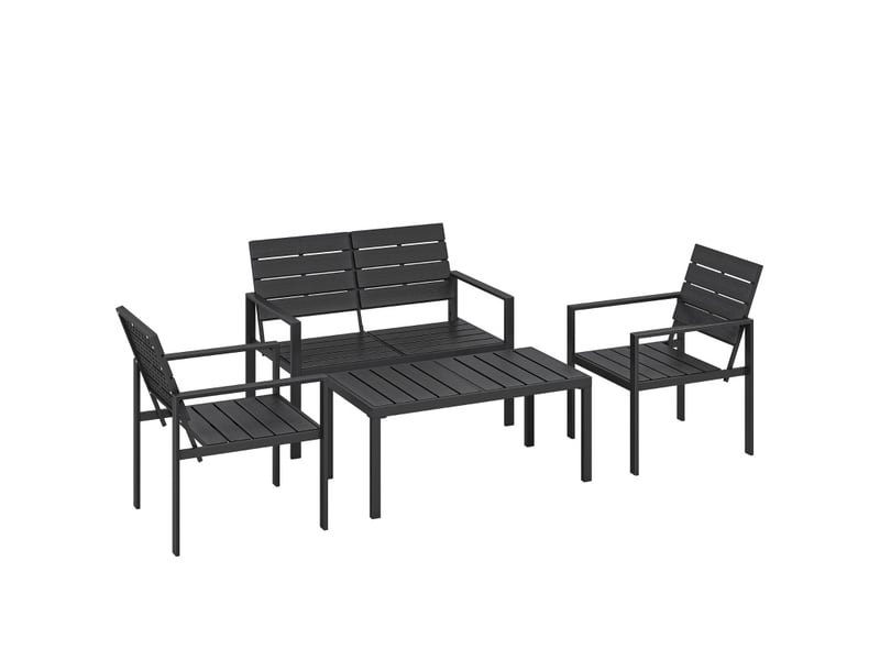  Salon de jardin 4 places 104x71x76,5 cm avec canapé 2 places, 2 fauteuils, table basse, métal noir  - Conforama A