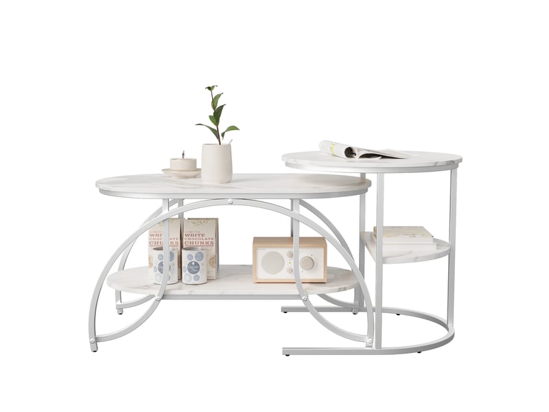  Table basse à imitation marbre blanc, structure métallique argentée, étage de rangement, style moderne pour salon  - Conforama A