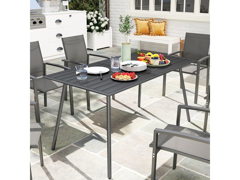 Table à manger de jardin pour 6 personnes avec plateau à lattes, 150x80x74cm, gris - Conforama D