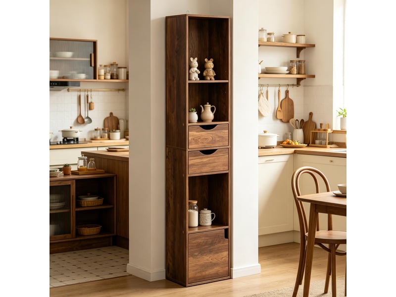  Bibliothèque étroite 30x24x157,5 cm avec 2 tiroirs marron et rangement  - Conforama E