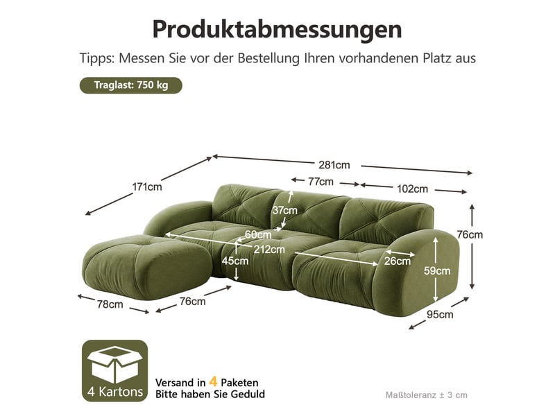  Canapé d’angle réversible 3 places en tissu vert, 281 cm, avec 1 poufs W3325S00355 - Conforama C