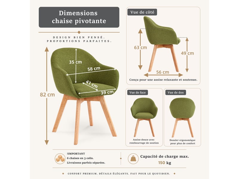 Lot de 6 chaises de salle à manger pivotantes à 360° – tissu effet lin respirant, pieds en bois massif - vert mousse - Conforama C