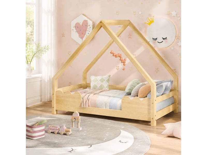  Lit cabane enfant 90x200 cm avec barrières en bois de pin  - Conforama C