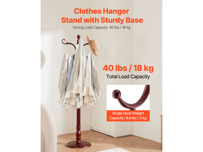  Vevor portemanteau sur pied portant a vetements avec base stable, 11 crochets, porte manteau en bois autoportant pour entree, chambre, salon, pour suspendre manteaux, chapeaux, vestes, echarpes, sacs  - Conforama B