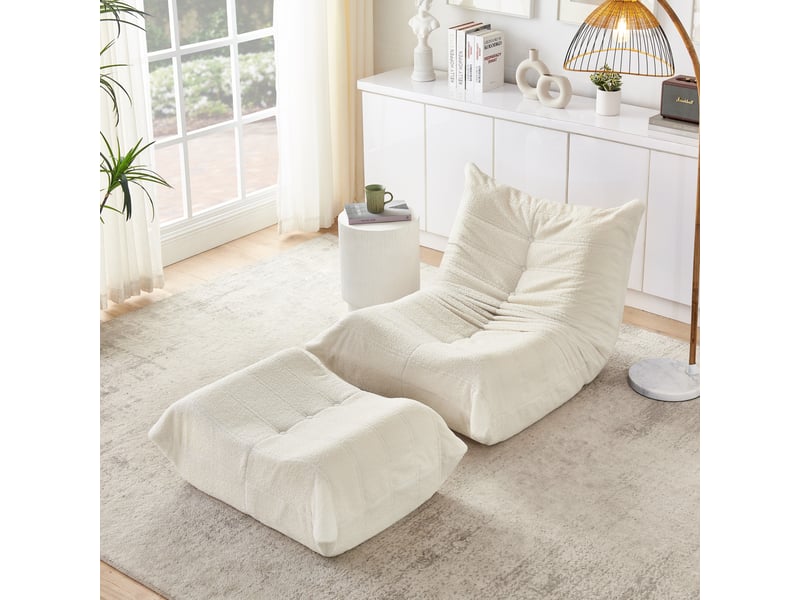 Fauteuil relax lazy canapé beige en tissu peluche teddy avec repose-pieds, ultra confortable, sans montage pour salonchambre  - Conforama B