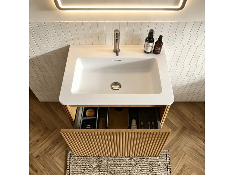 Ensemble meuble salle de bains 60 cm avec miroir led ovale, finition chêne  - Conforama B
