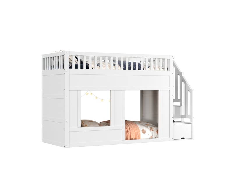  Lit superposé enfant 90x200 cm – blanc – escalier de rangement, espace de jeu modulable – sans matelas  - Conforama A