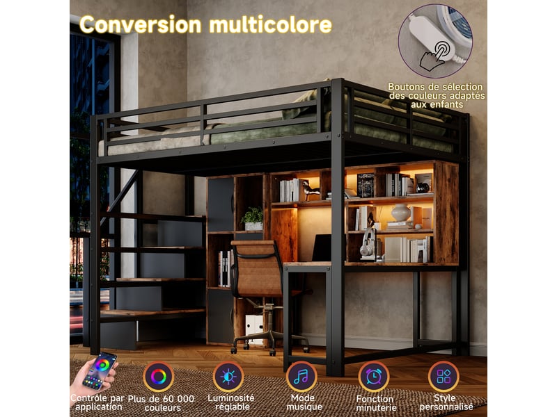 Lit mezzanine 140 x 200 cm - avec échelle de rangement - avec compartiments de rangement - avec bande lumineuse led - blanc (matelas non inclus) - Conforama W