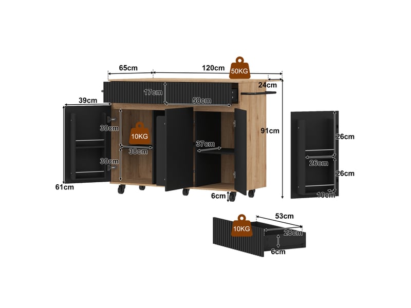  Îlot de cuisine mobile avec plateau rabattable, desserte noire et naturelle 120 x 65 x 91 cm  - Conforama D