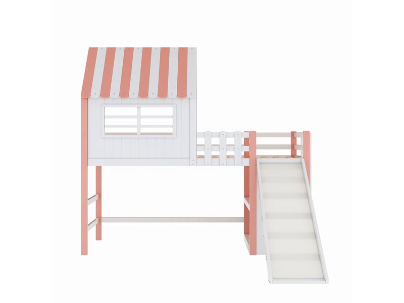 Lit mezzanine enfant rose avec toboggan 90x200 cm - bois massif et rangements intégrés - Conforama W