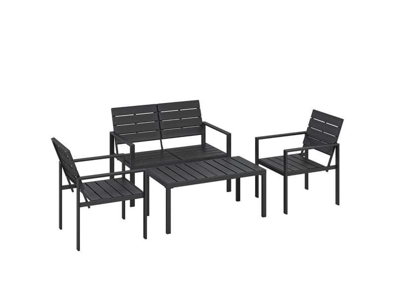  Salon de jardin 4 places noir en métal et hdpe, canapé 2 places, 2 fauteuils et table basse à lattes  - Conforama A
